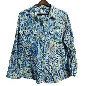 Chicos blue & yellow paisley light weight button front cotton blouse Large